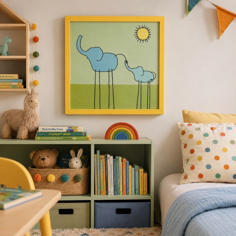 June Erica Vess Stick-Leg Elephant Art Print Yellow Frame Modern Nursery 14 x 14
